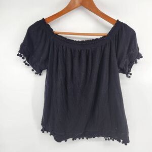H&M Pom Trim Black Peasant Blouse Women's Small